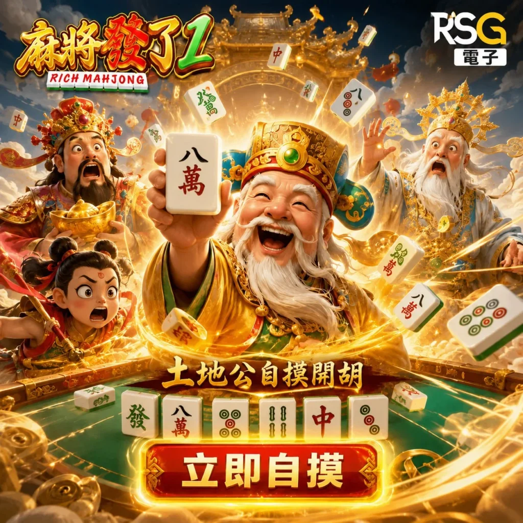 RSG麻將發了宣傳圖，土地公自摸開胡，展示線上麻將玩法與自摸特色機制。