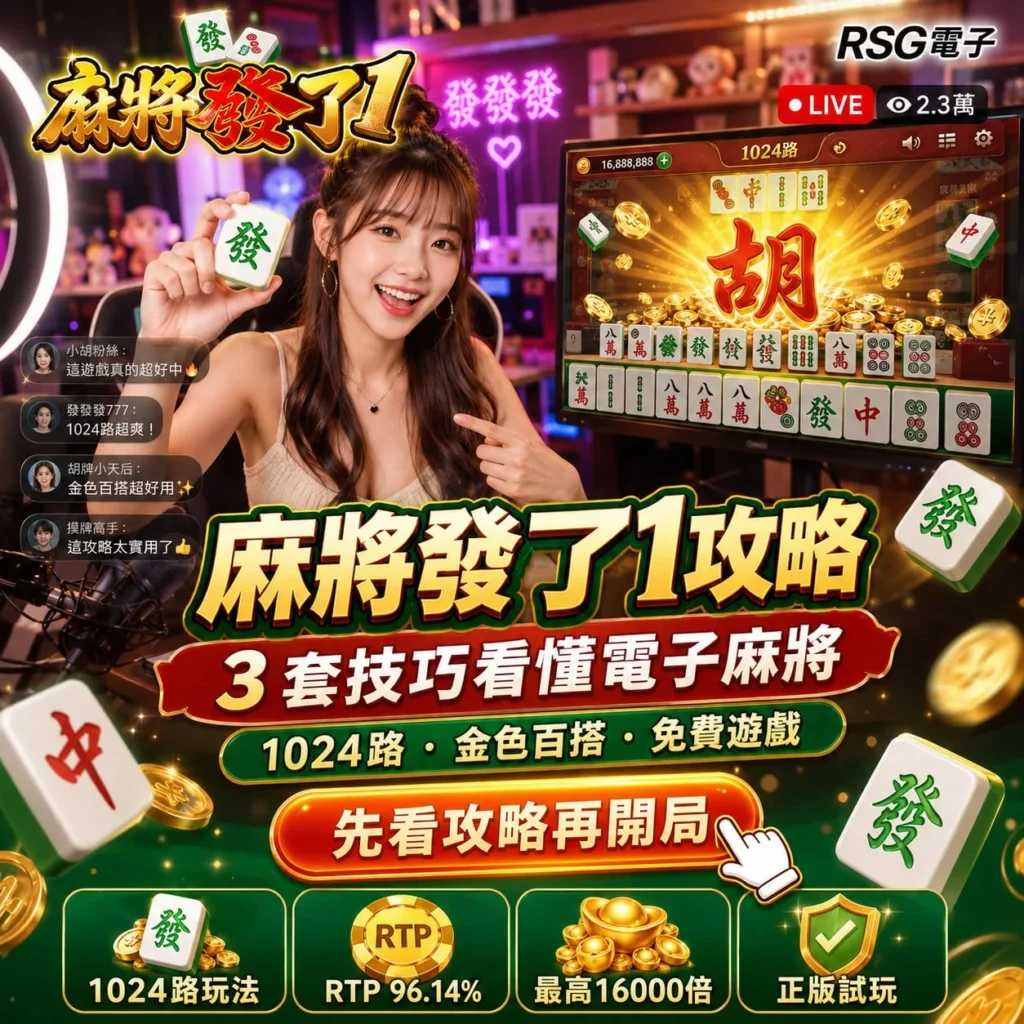麻將發了1攻略解析圖，整理RSG麻將發了1技巧、1024路玩法、金色百搭、免費遊戲、RTP與最高16000倍特色。