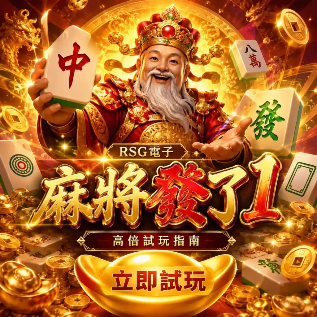 RSG麻將發了1主視覺，呈現財神角色、麻將牌與高倍試玩主題
