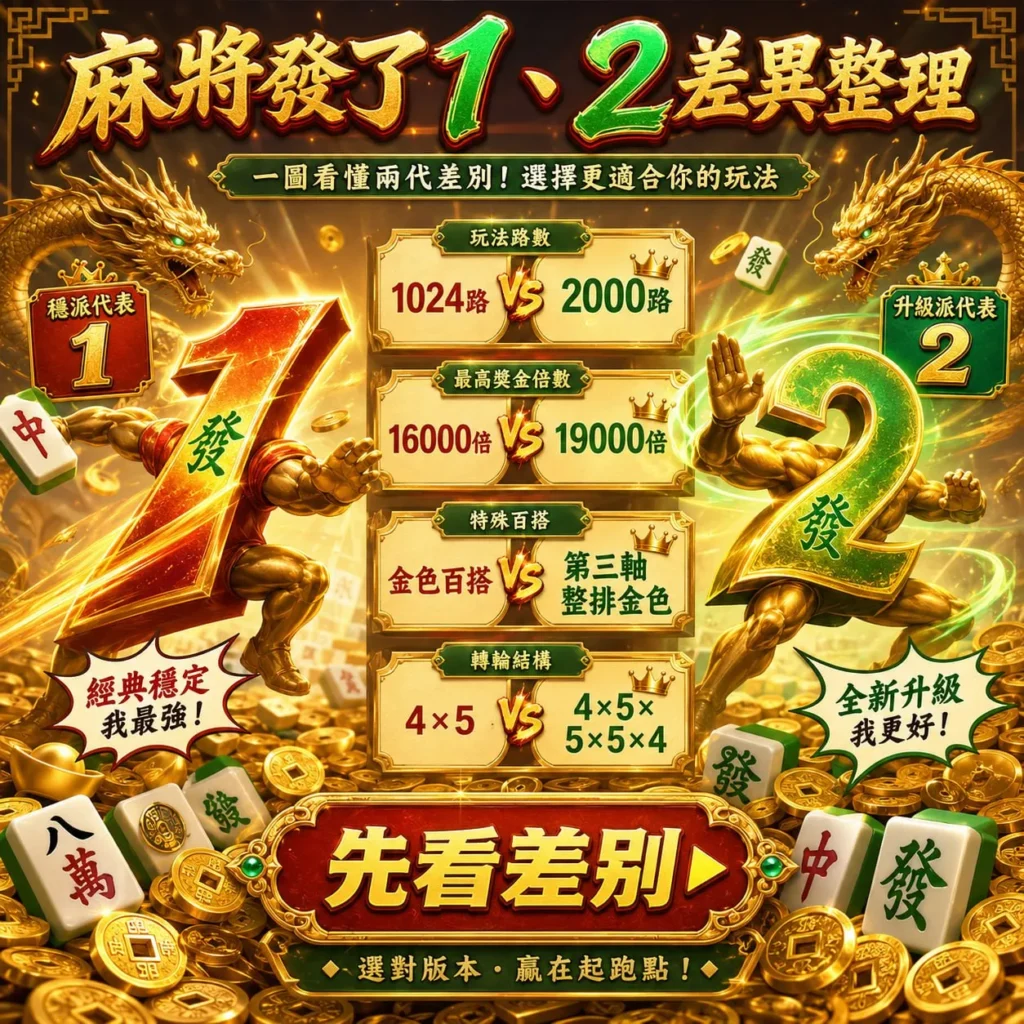 麻將發了1與麻將發了2差異整理圖，比較玩法路數、最高獎金倍數、特殊百搭與轉輪結構